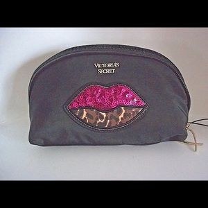 V Secret Logo Pink Sequin Leopard Black Wristlet Makeup Cosmetic Storage Bag NWT